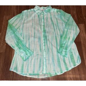 Foxcroft NYC Green Tie Dye Stripe Cotton Button‎ Up Shirt Relaxed Fit Size 8